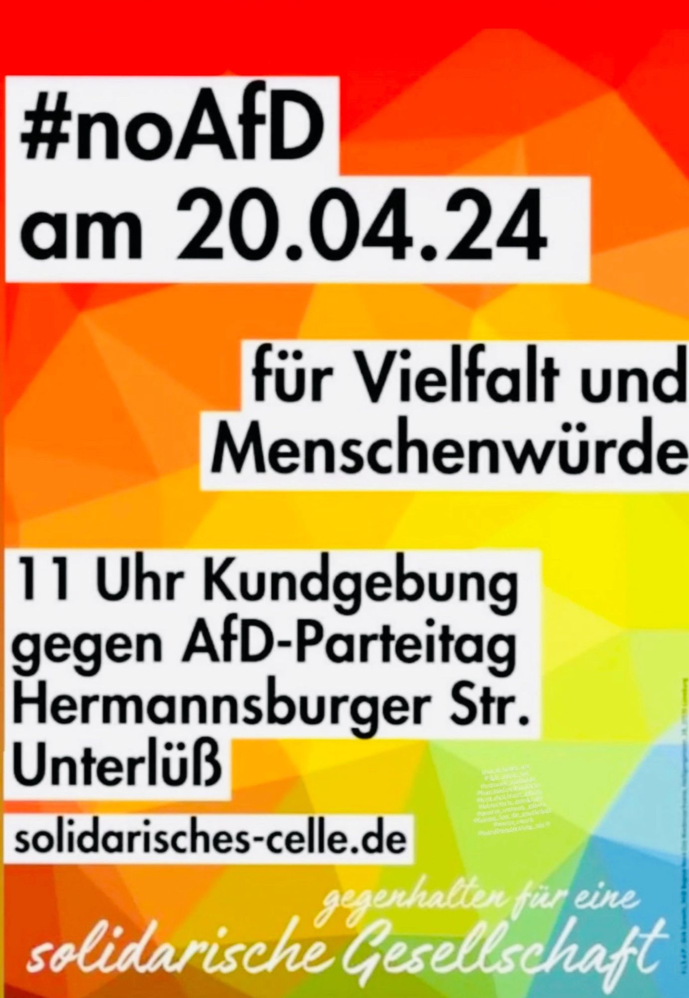 Buntes Plakat mit der Aufschrift: #noAfD am 20.4.24 für Vielfalt und Menschenwürde. 11 Uhr Kundgebung gegen den AfD -Parteitag. Herrmansburger Str. Unterlüß. solidarisches-celle.de. Gegenhalten für eine solidarische Gesellschaft.