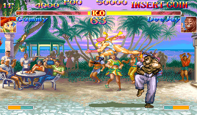 super street fighter 2 turbo screenshot, cammy attacking dee jay with jump attack, dee jay is blocking