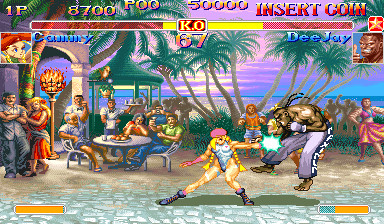 super street fighter 2 turbo screenshot, cammy hitting dee jay with spin knuckle