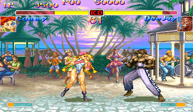 super street fighter 2 turbo screenshot, cammy walking towards dee jay