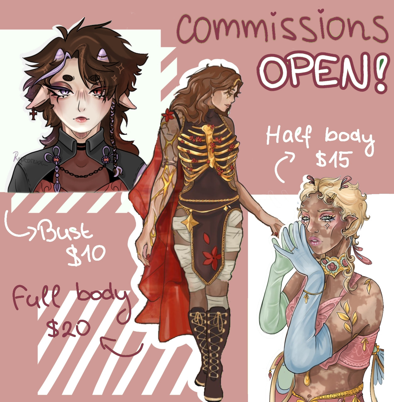 A graphic describing commission prices of this user, fully rendered art. Bust costs $10, half body $15 and full body $20