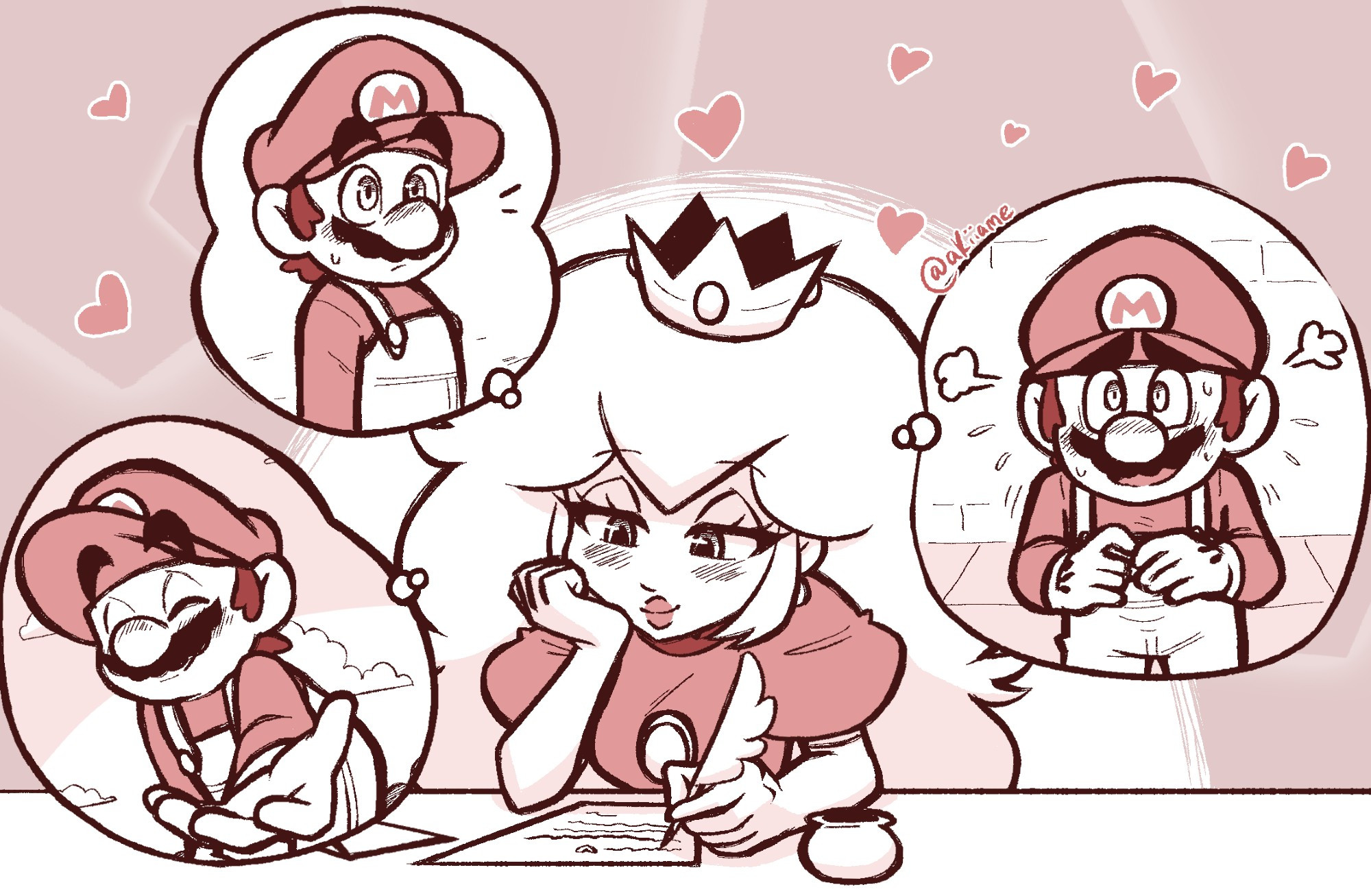 Princess Peach writing a letter to Mario while lovingly thinking about him