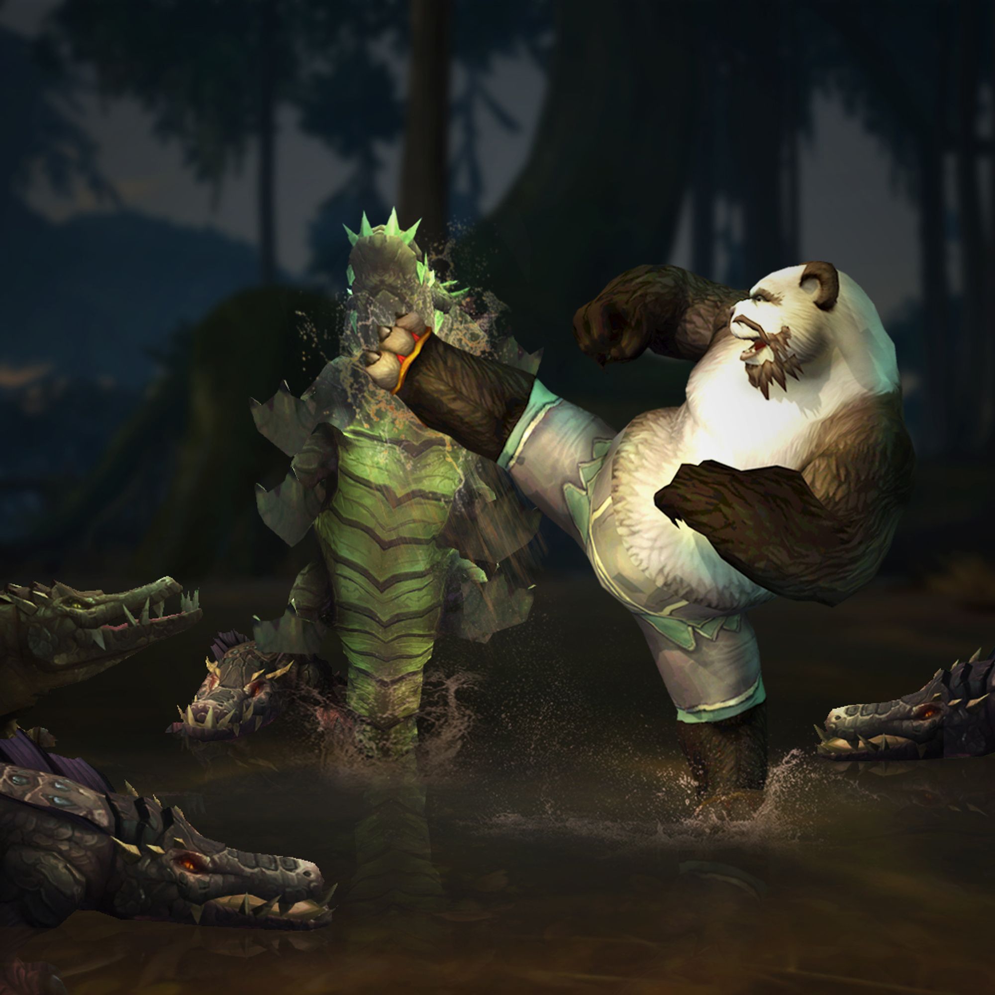 A Pandaren is dropkicking a crocolisk in the face like it’s not even a big deal. The Pandaren has black and white fur patterns, a beard, and a moustache, and is wearing shorts while leaving his impressive belly exposed. The green crocolisk is upright, as if to be standing on its tail, but is more likely to be elevated off the ground from the fury of the Pandaren’s foot. Four other crocolisks can be seen below in the swampy waters and one is looking on in horror, but the other three are acting natural and pretending they don’t know the kicked crocolisk to avoid a total beatdown. Murky swamps, dark trees, and a gray sky fill the background.