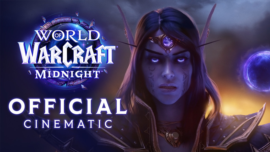 This cinematic introduces Midnight, the newest expansion for World of Warcraft. An image of an elf with Midnight blue hair and deep violet skin dominates the image. She looks directly towards the viewer. She wears a circlet of tarnished metal with a large, cracked purple gem in the center of her forehead. She has a tall collar and studded leather pauldrons. Her face is marked with two lines of dark runes. Below her shoulders, the image fades into the whisps of a dark purple void. The World of Warcraft midnight logo shines out from the darkness. White text beneath the logo spells, “Official Cinematic”.