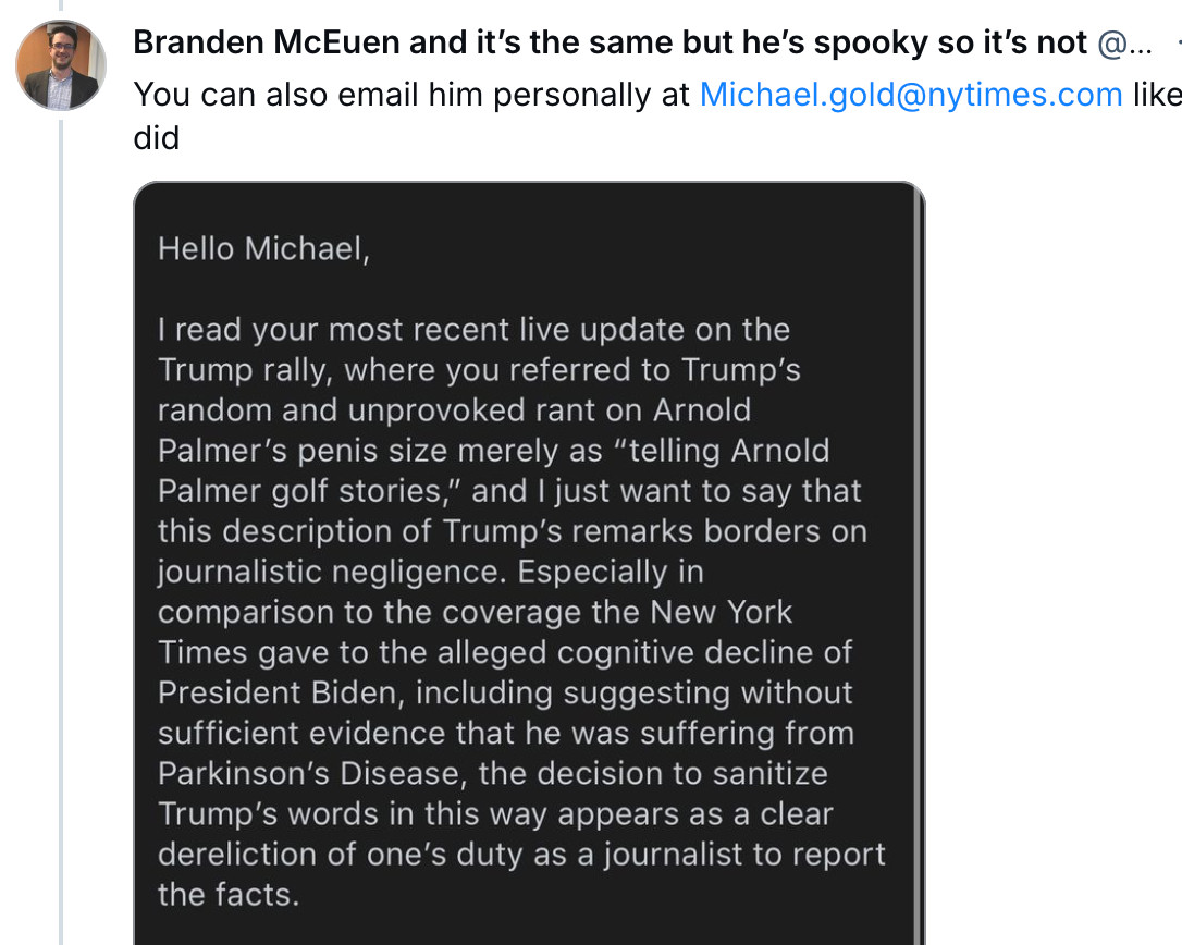 A letter to the journalist (Michael Gold) questioning why he hadn't included any reference to the increased vulgarity as being indicative of cognitive decline, especially given the coverage of Biden.