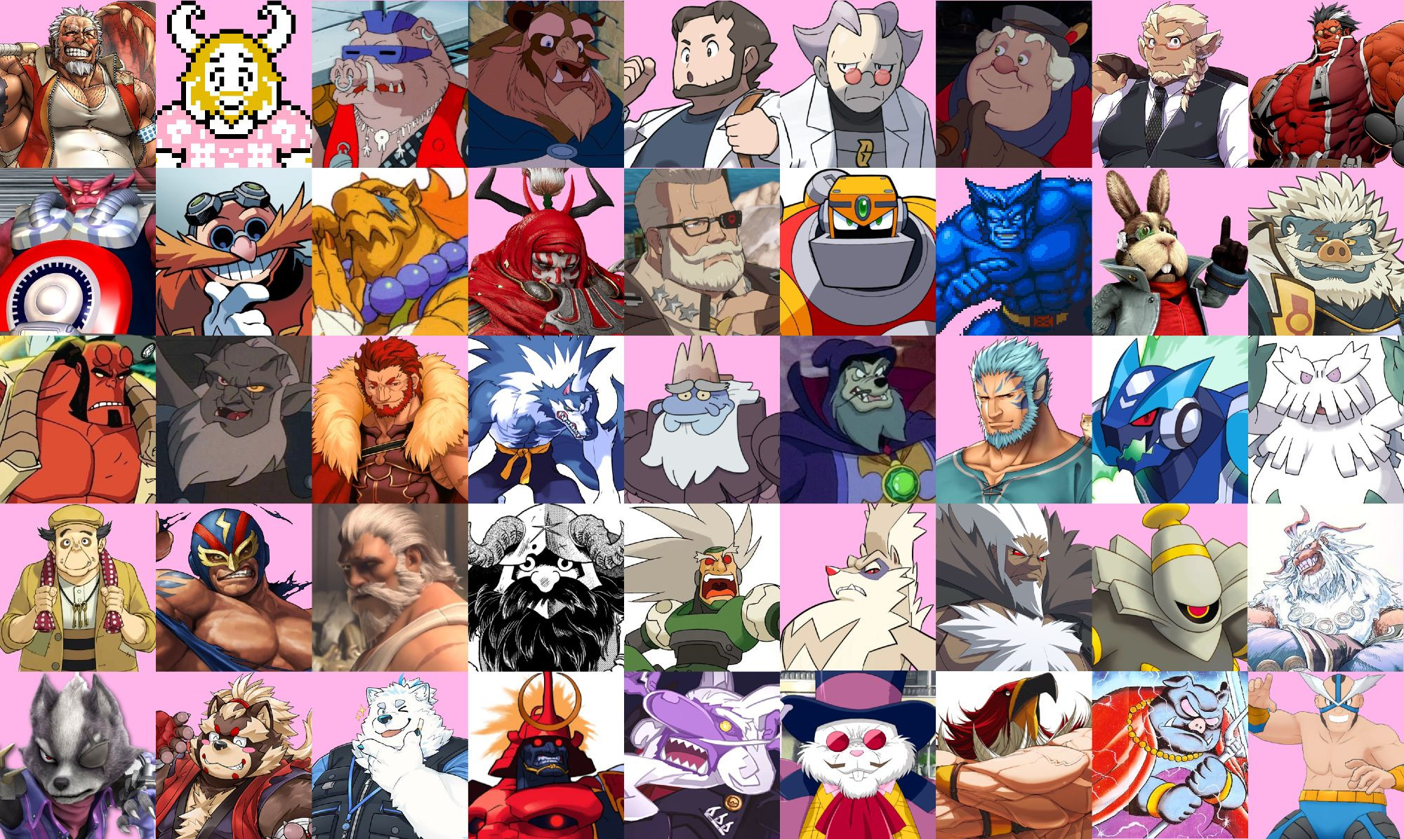 ROLL CALL: Amatsumara, Asgore, Bebop, Beast, Professor Birch, Charon, Coachman, Huckle, Iron Tager, Draq, Eggman, Garr/Garland, Gilgamesh, Goldlewis, Gutsman.exe, Hank McCoy, Peppy Hare, Raikiri, Hellboy, Hudson, Iskandar, Jon Talbain, King Andrias, Merlock, Mordecai, Omega-Xis/Warrock, Abomasnow, Phineas Filch, Raiden, Reinhardt, Senshi, Teisel Bonne, Tumble, Waldstein, Dusknoir, Gabi, Wolf O'Donnell, Goemon, Yohack, Bishamon, Baphomet, Ciseaux, Tizoc, Ganon, Crasher Wake