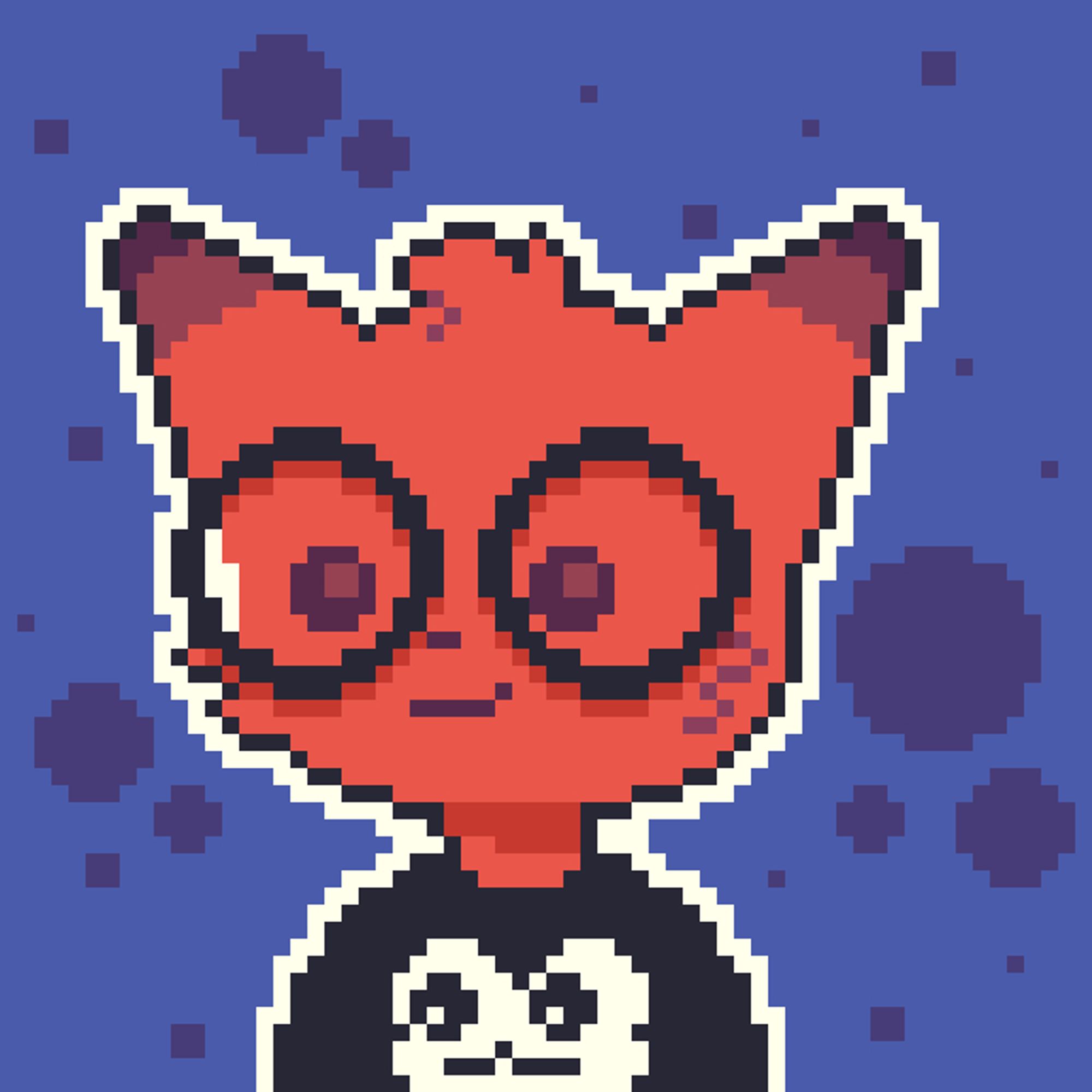 Aren's character, a red fox, with their glasses and a black shirt with Froggit on it, sitting in front of a blue backdrop with dark blue bubbles