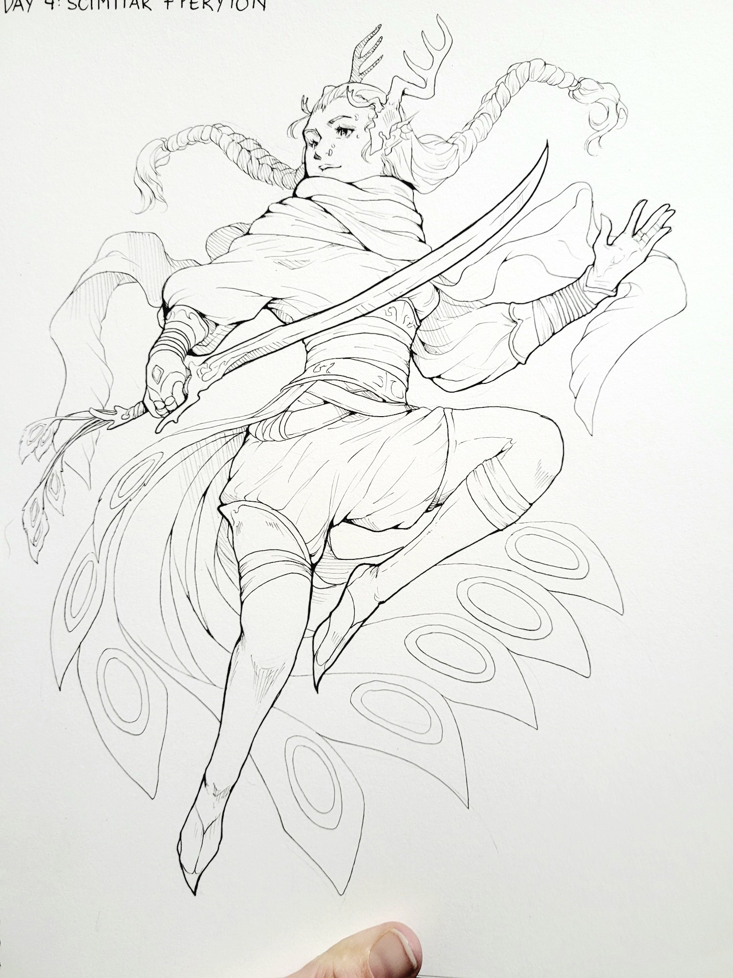 Ink drawing of a lady jumping up in the air holding a scimitar in the theme of a peryton.