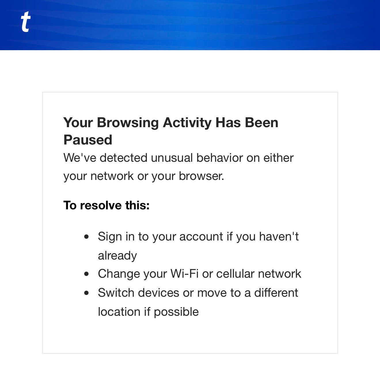 Screenshot of Ticketmaster saying I can’t access the site due to unusual behavior