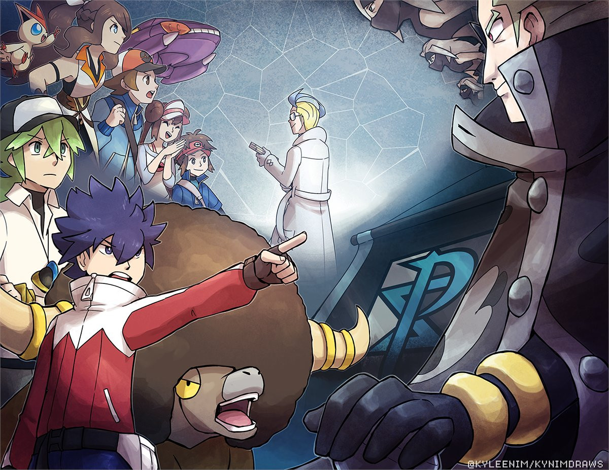 Digital illustration of the Pokemon characters from Unova in context of Pokemon Masters