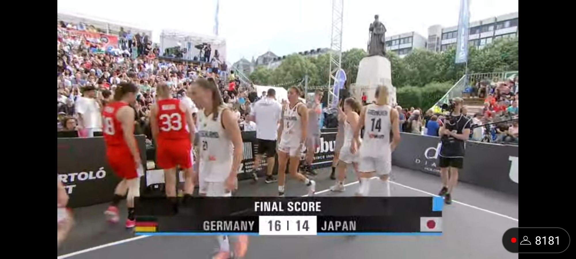 Screenshot von Viertelfinalergebnis Deutschland gegen Japan Das 16:14 ausging.