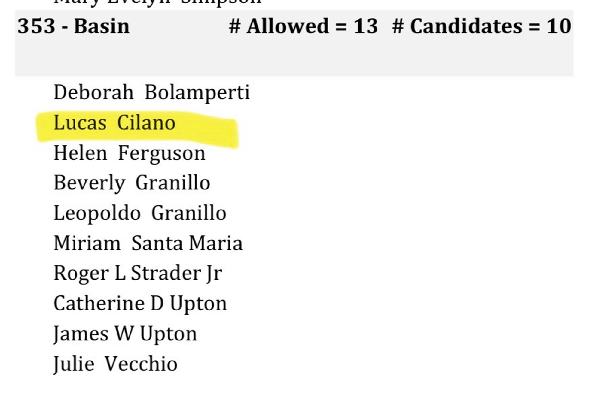 Precinct Committeemen 
353 - Basin 

Deborah Bolamperti
Lucas Cilano
Helen Ferguson
Beverly Granillo
Leopoldo Granillo
Miriam Santa Maria
Roger L Strader Jr
Catherine D Upton
James W Upton
Julie Vecchio