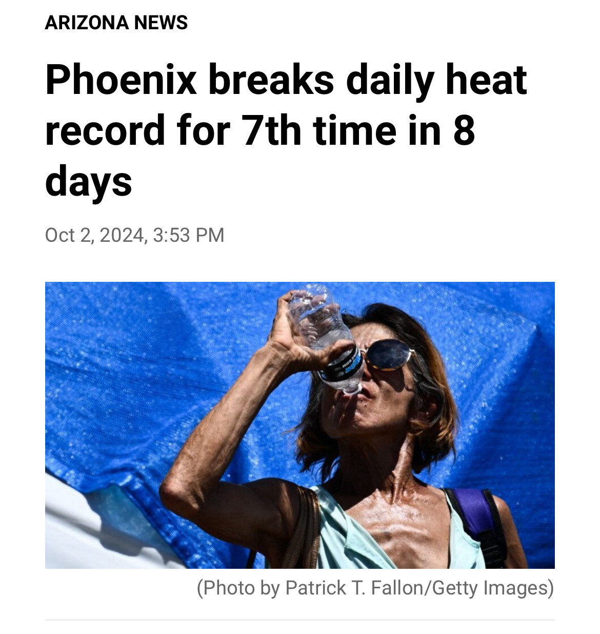 ARIZONA NEWS
Phoenix breaks daily heat record for 7th time in 8 days
Oct 2, 2024, 3:53 PM

https://ktar.com/story/5611055/phoenix-breaks-daily-heat-record-again-2/