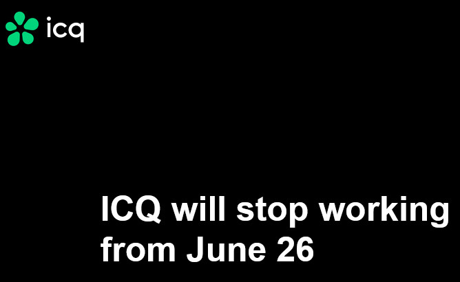 Ein Screenshot der Webseite icq.com - Darauf das Logo und ein Text: "ICQ will stop working from June 26"