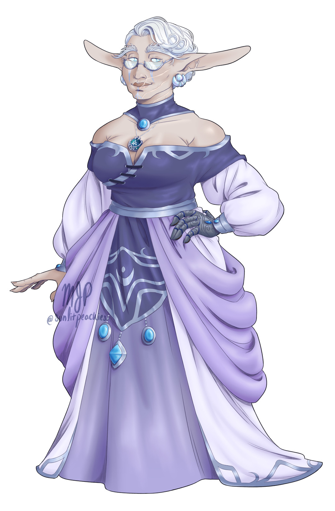 A night elf woman in a flowing, layered purple and white dress. She has short hair, half-moon glasses, and her left hand is a metal prosthetic with a blue gem on the back. She has a warm smile on her face.