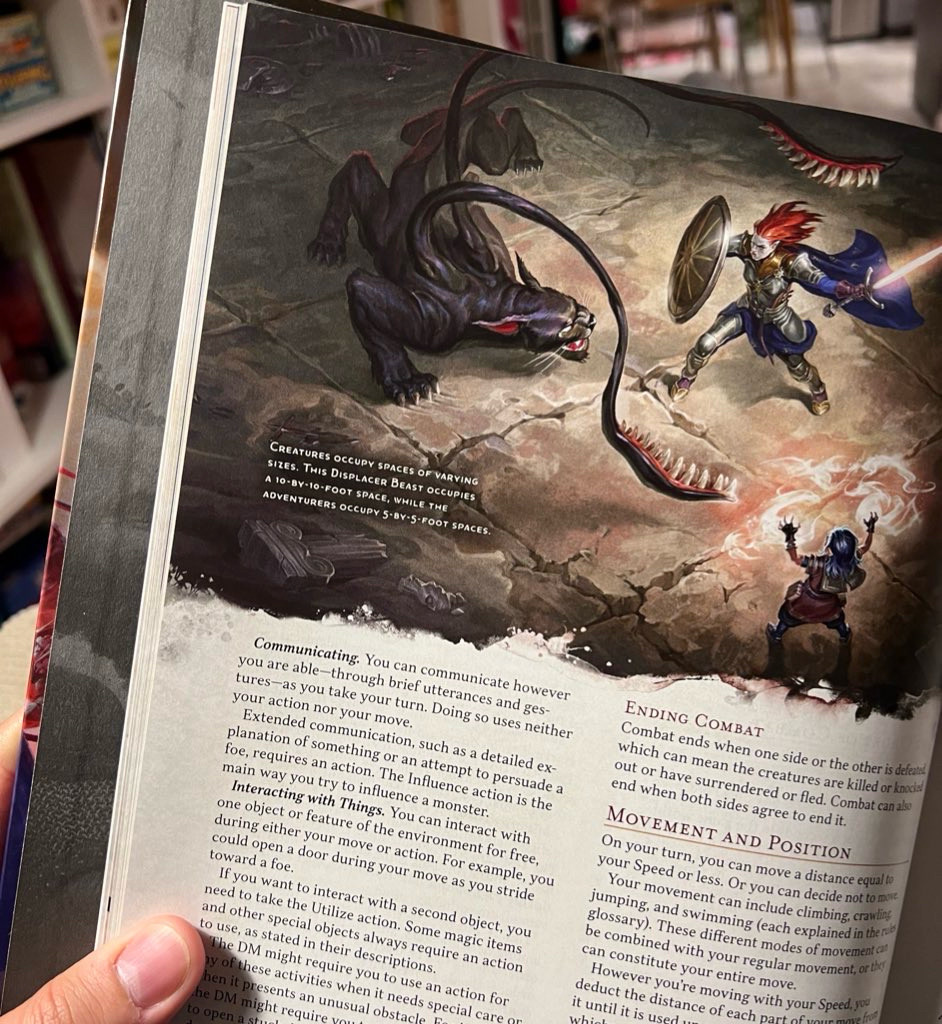 A page from the D&D 2024 Player’s Handbook showing a paladin and spellcaster fighting a displacer beast on a floor with square panels that nicely correspond to the grids on a battlemap.