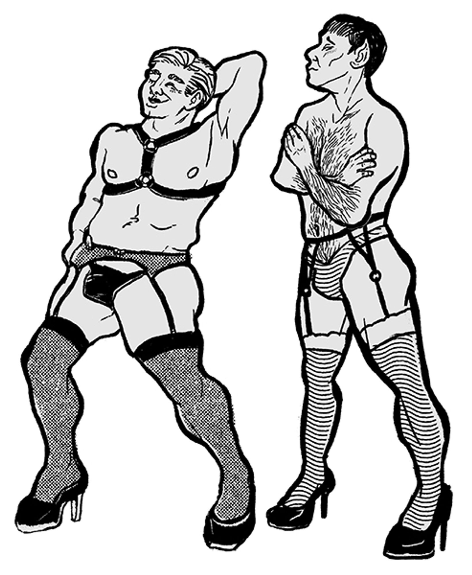 A drawing of Kirk and Spock from Star Trek in lingerie and high heels