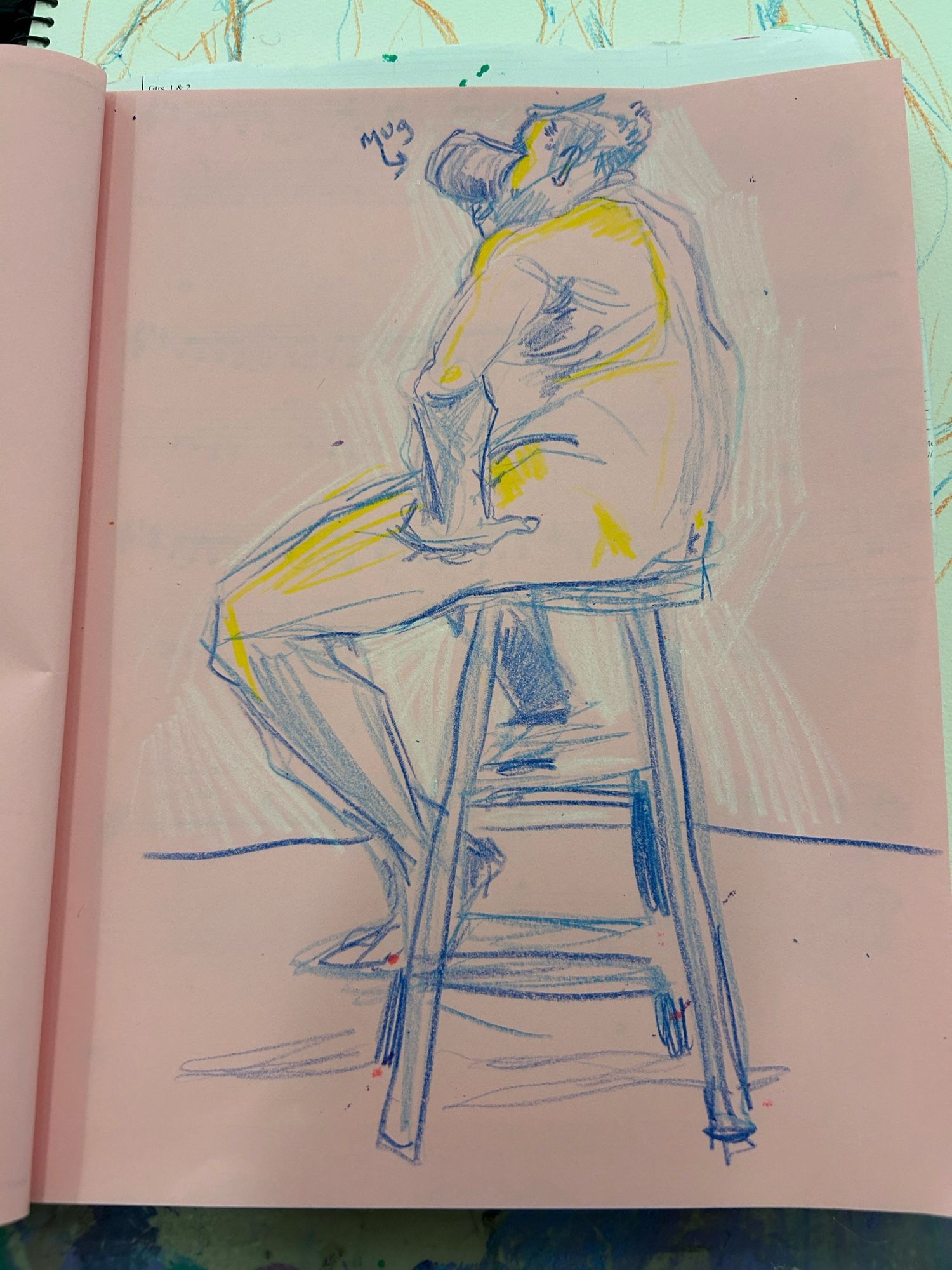 A sketch in blue colored pencil on pink paper of a nude man on a stool holding a mug up like he's drinking from it