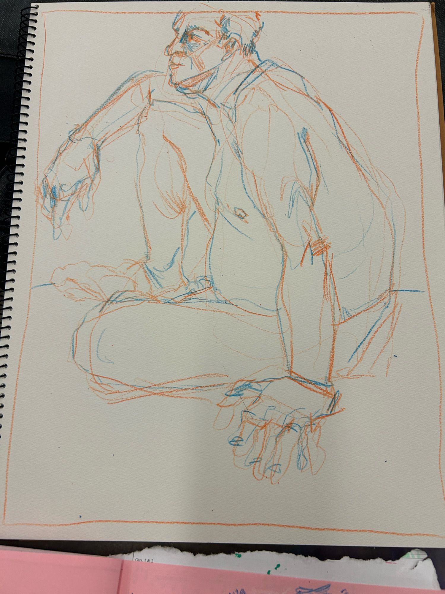 A sketchbook sketch of a nude man sitting facing left