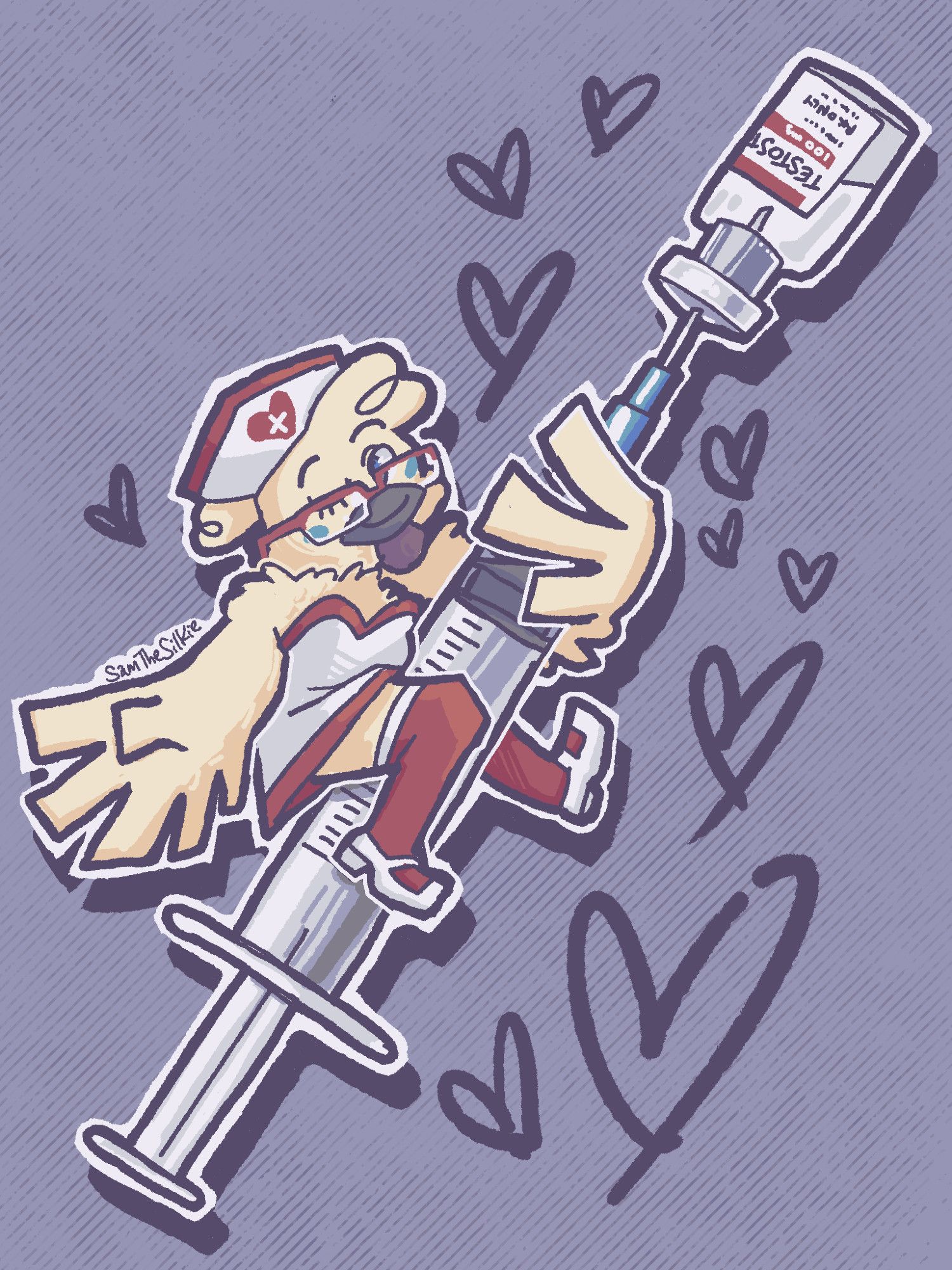 A drawing of an anthro silkie chicken in a nurse dress, riding a giant syringe that's stabbing a vial of testosterone 