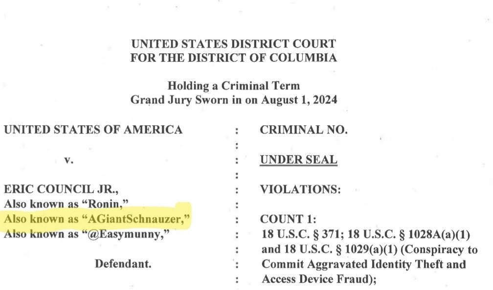 Screenshot of criminal indictment against Eric Council Jr. highliting aliases including "AGiantSchnauzer"