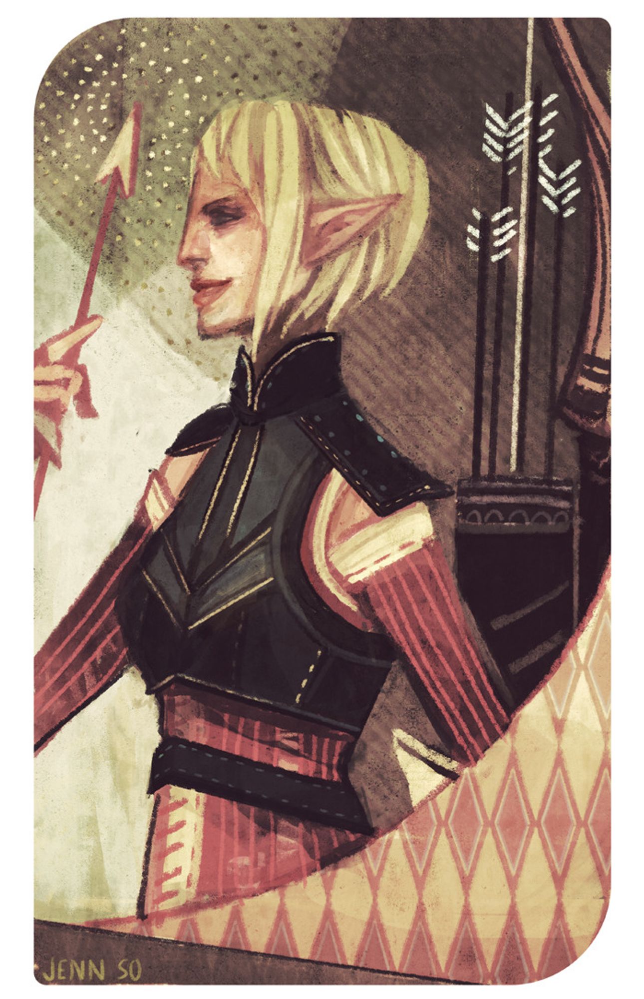 Tarot portrait painting of Sera from Dragon Age Inquisition in earthy tones of green, yellow, and red, holding an arrow up to her face with an arrow filled quiver at her back.