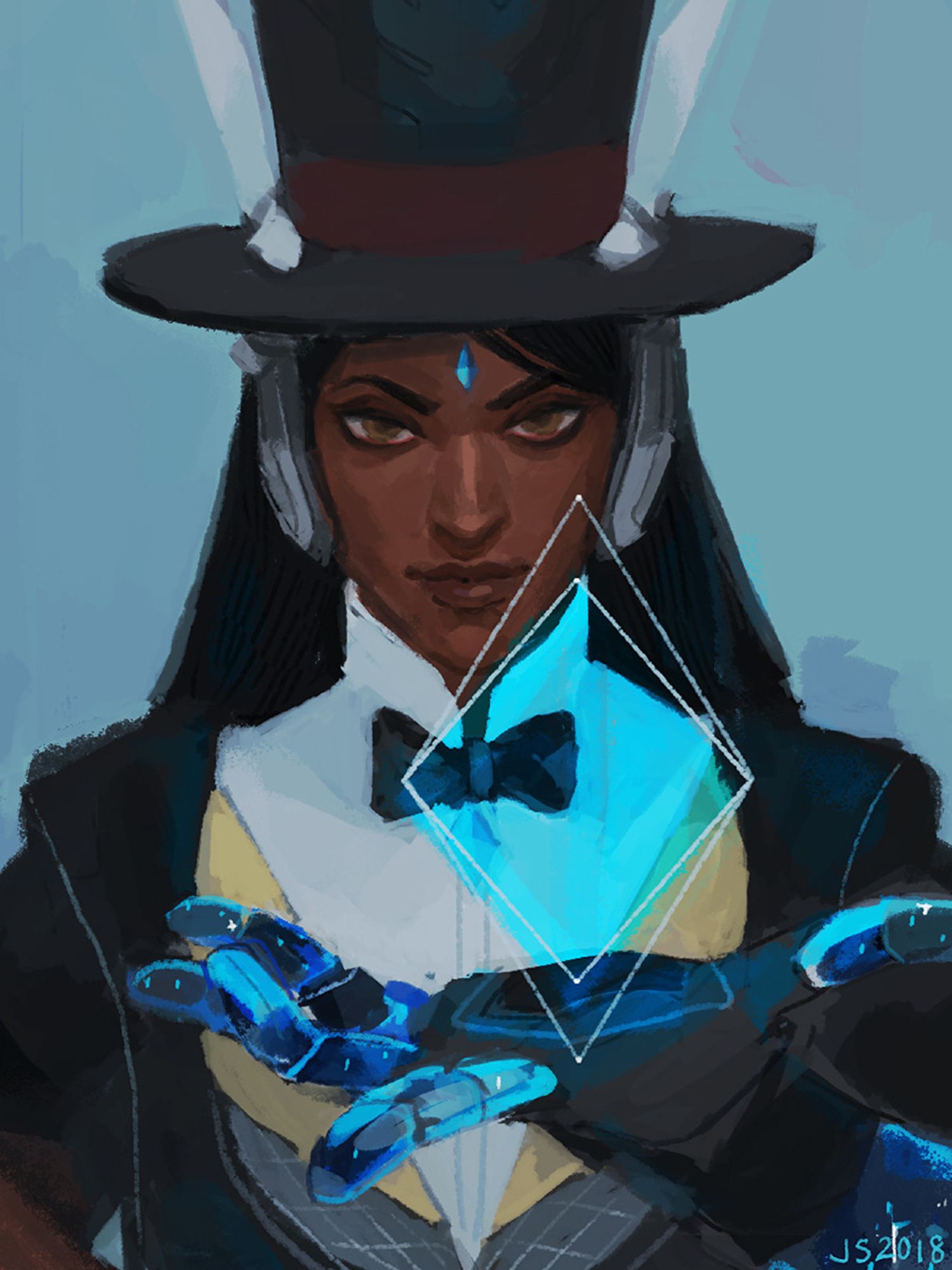 A painted portrait of Symmetra from Overwatch in her Magician skin. In her outstretched open palm, a geometrical diamond shape glows blue outlined by straight white lines.