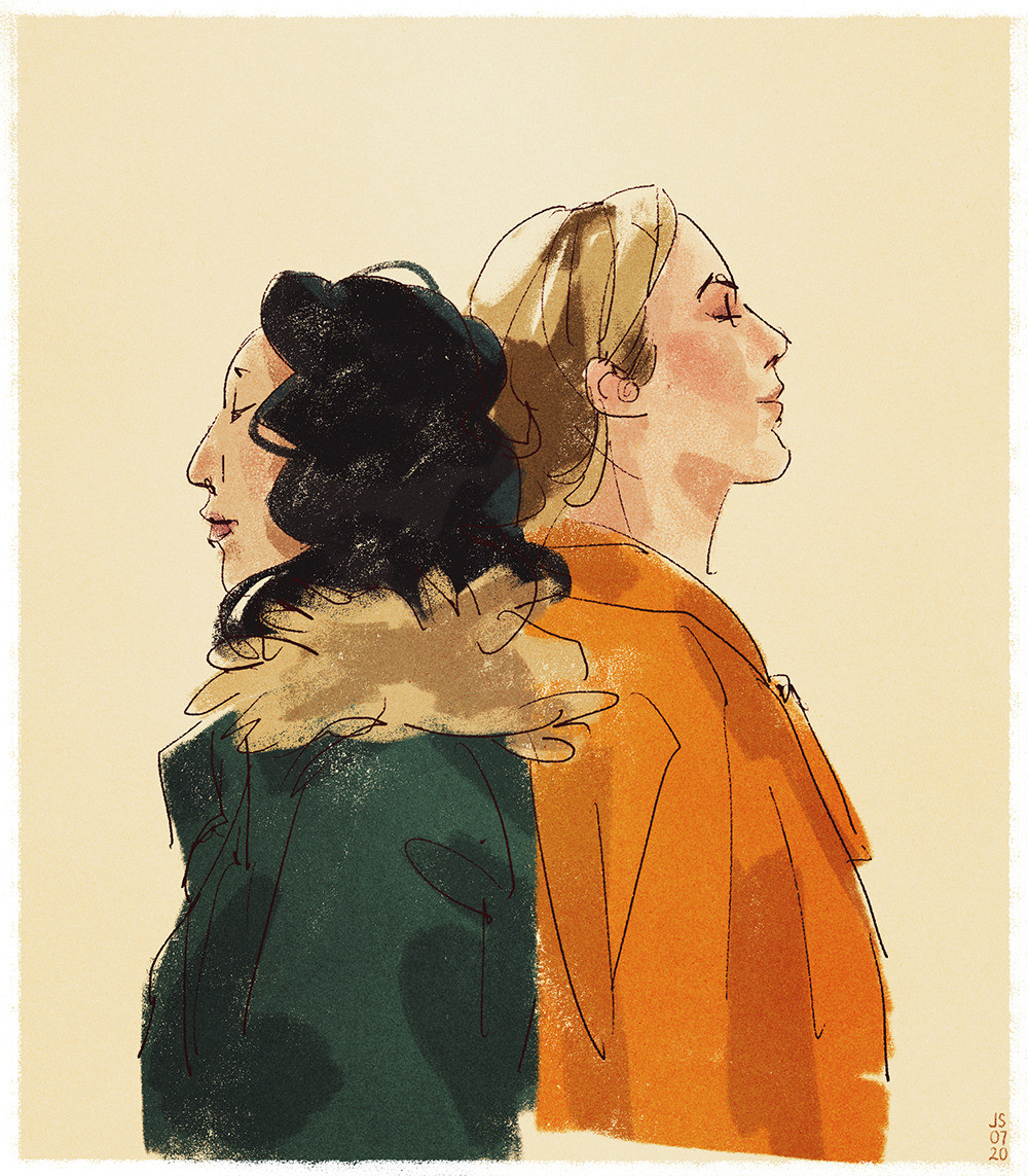 Sketchy digitally painted portrait of Eve and Villanelle from Killing Eve. They stand back to back with their eyes closed, Eve wears a fur lined green coat while Villanelle wears an orange jacket.