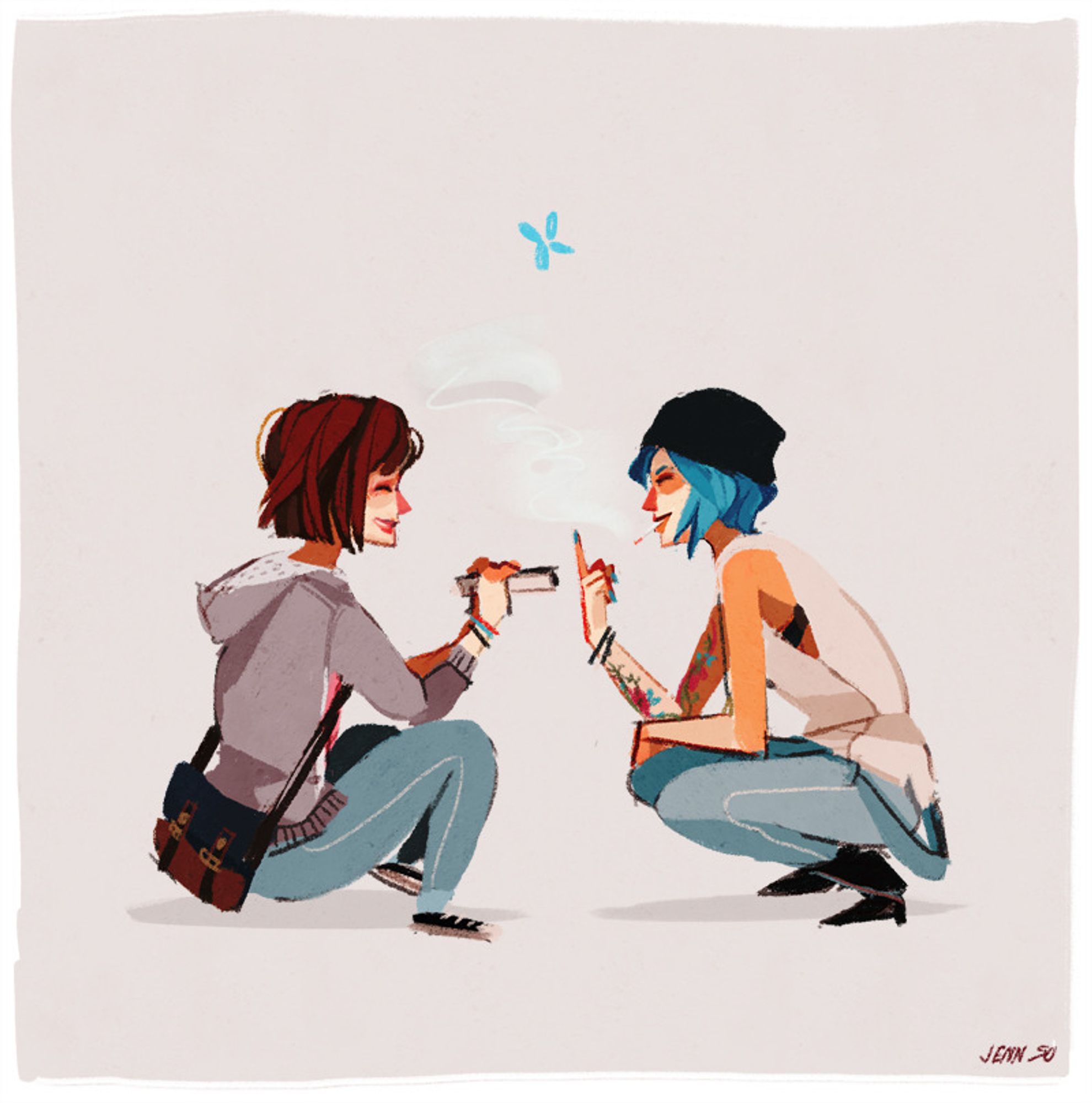 Fanart of Max and Chloe from life is strange. Max aims a camera at a smiling, smoking Chloe as she flips the camera off.