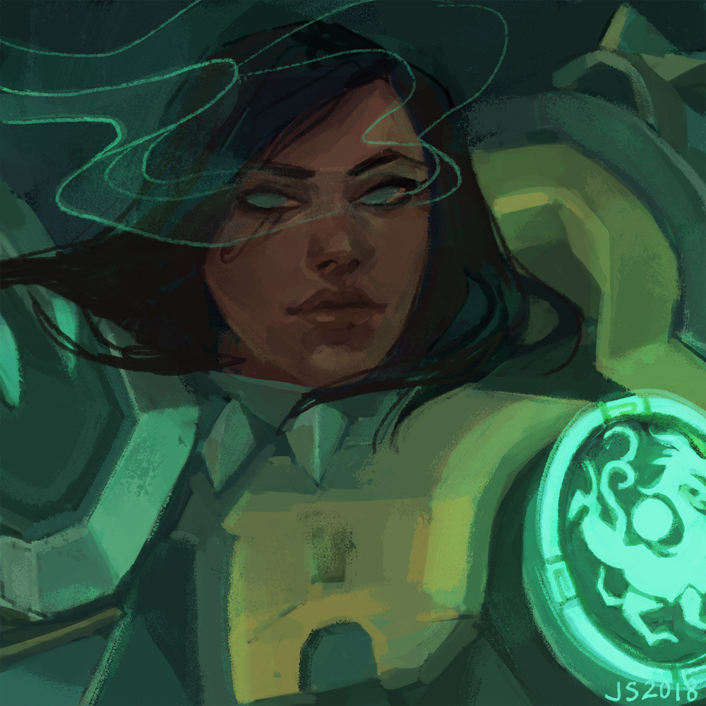 A digitally painted portrait of Pharah in her Qinglong skin, her eyes glowing green.