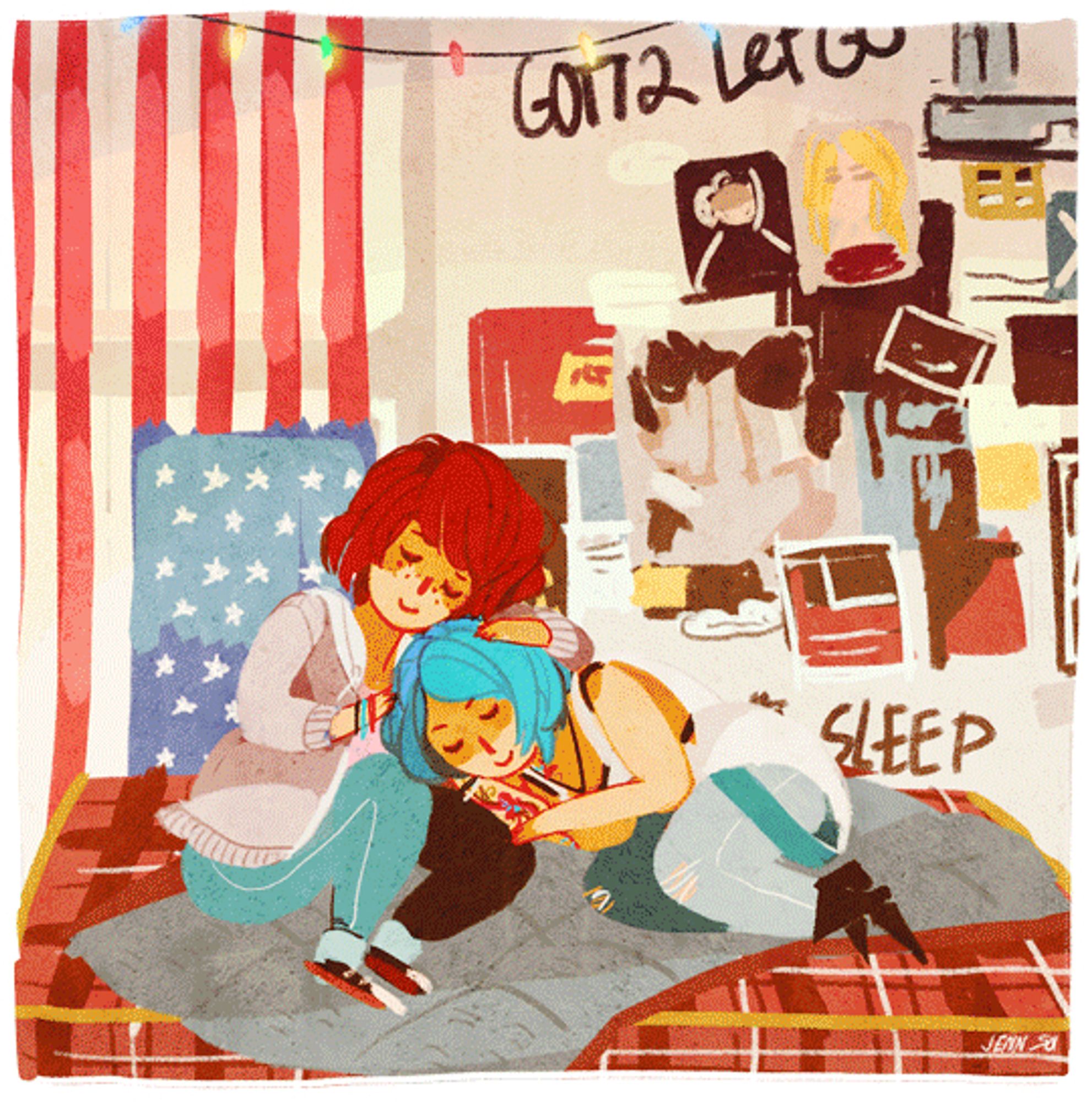 Little cozy drawing of Max and Chloe resting together from Life is Strange. Transitions from warm daytime colours to cool nightime shades, the string lights glow and sparkle as the scene goes dark.