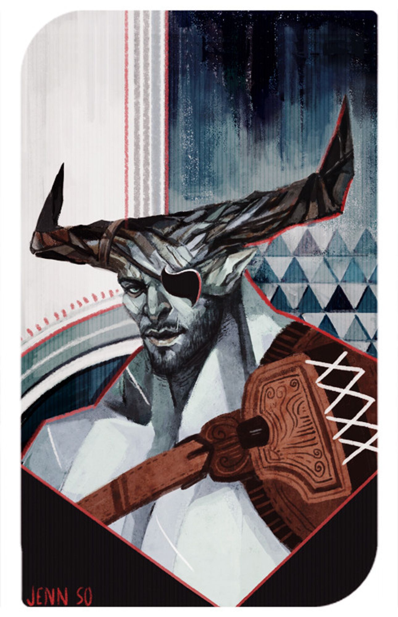 Tarot painting portrait of Iron Bull from Dragon Age Inquisition in dark tones of blue, cool shades of grey, red and black.