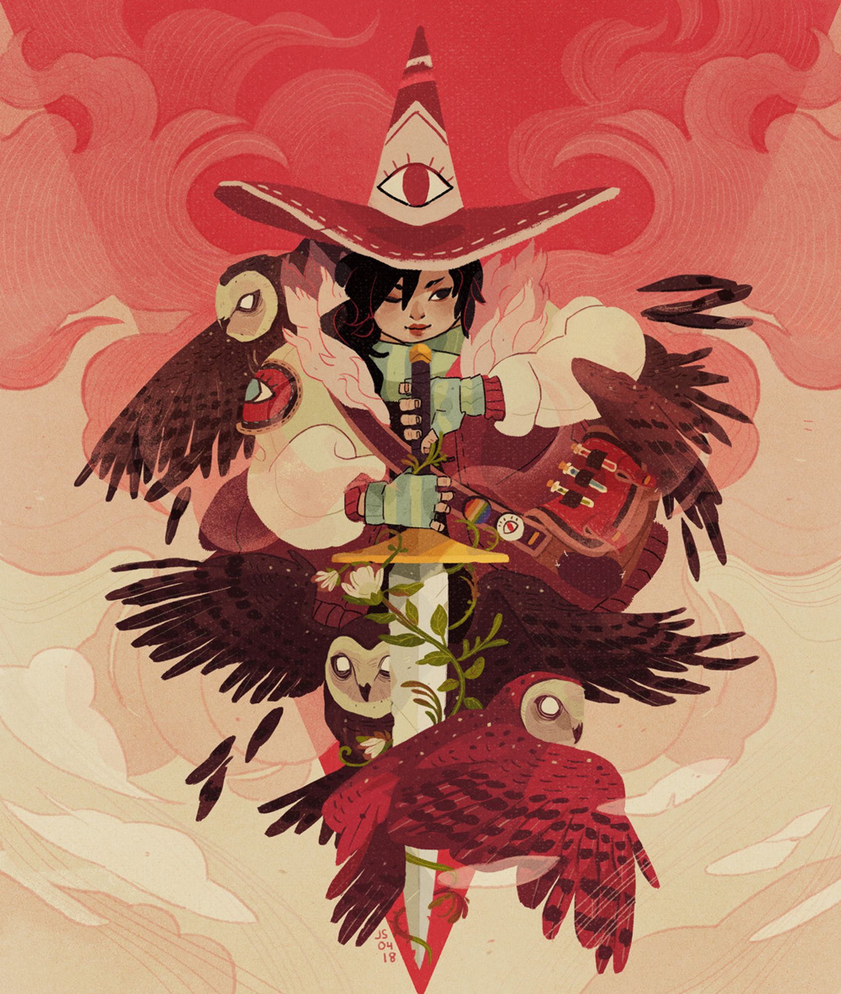 The Red Witch in red and beige tones, surrounded by brown/red owls, wielding a sword with leaves entwining its blade.