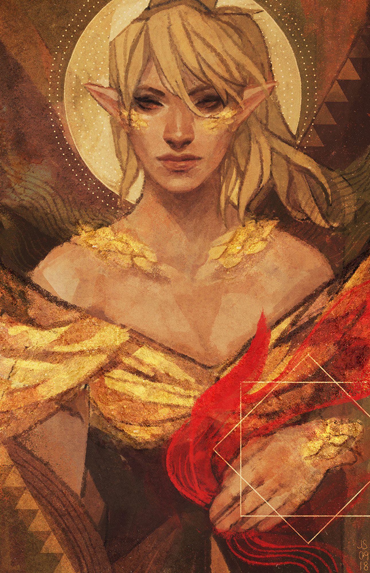 This is a painted portrait of a blonde woman with elf ears and golden scales on her face and collarbones. The picture mostly uses browns, golds, and earthy tones, save for a fiery red flame emanating from her hand on the bottom right.