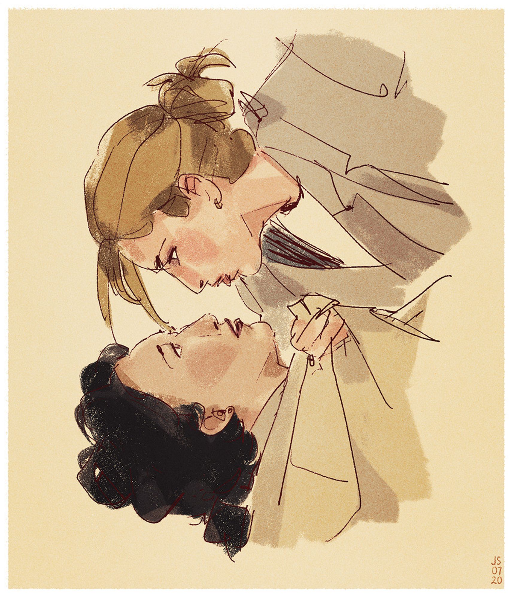 Redraw from a screencap of Killing Eve in tones of yellowish beige. Face to face, Villanelle grasps the collar of Eve's jacket pulling her close.