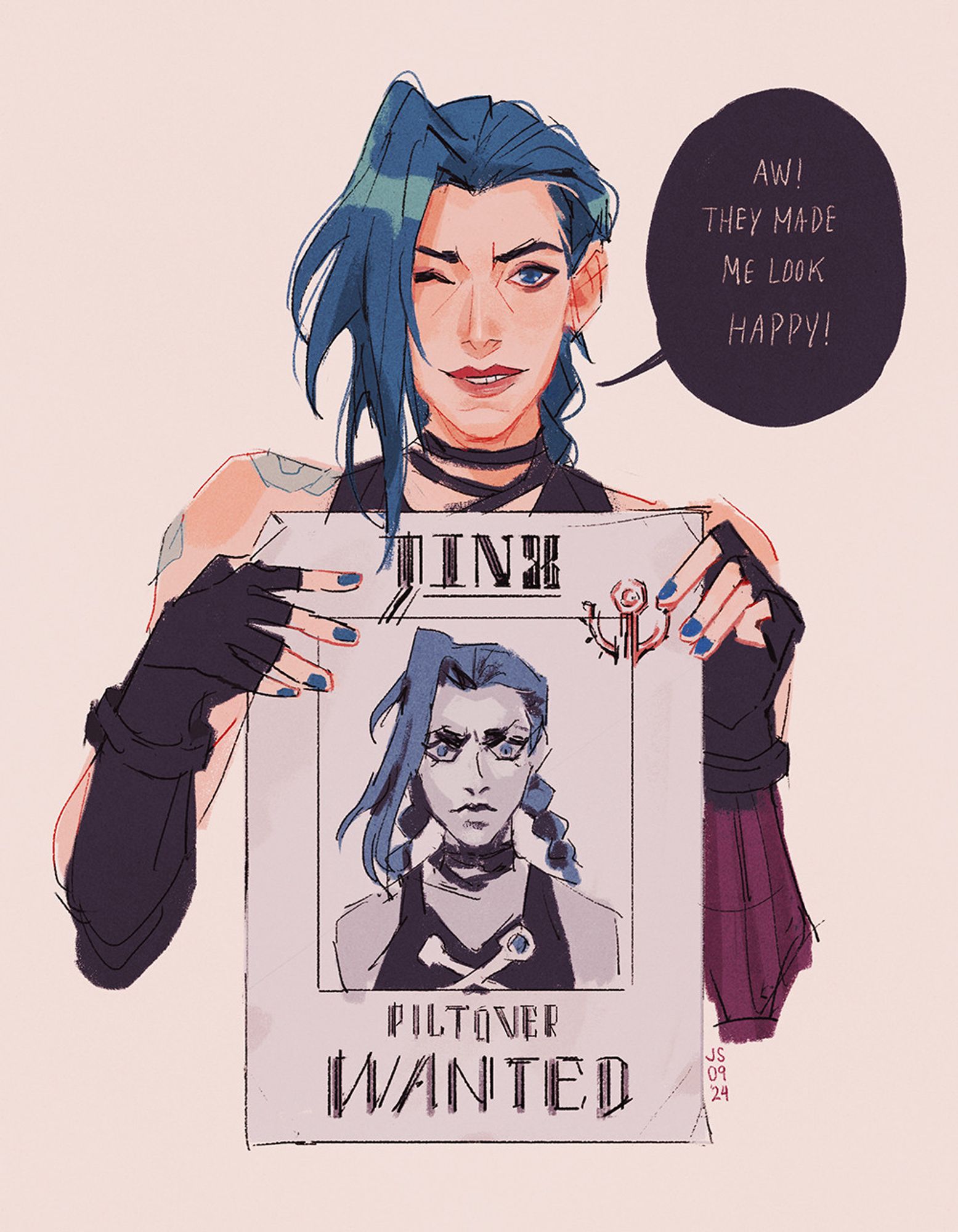 A drawing of Jinx from Arcane holding up her Wanted poster from the season 2 teaser, with a speech bubble that reads "Aw! They made me look happy!"