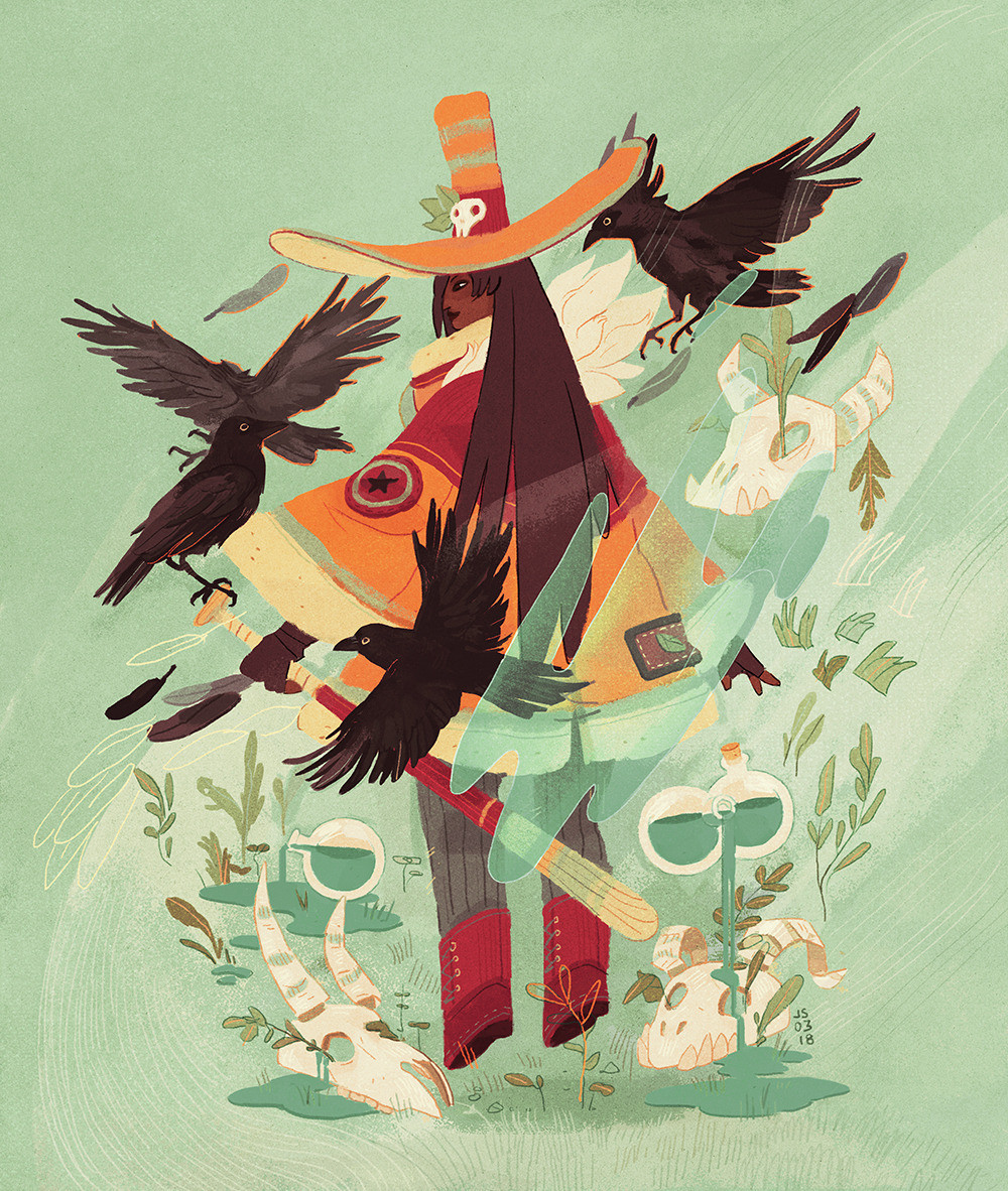 The Yellow Witch in green and orange tones, surrounded by black ravens, potions, skulls, and leaves.