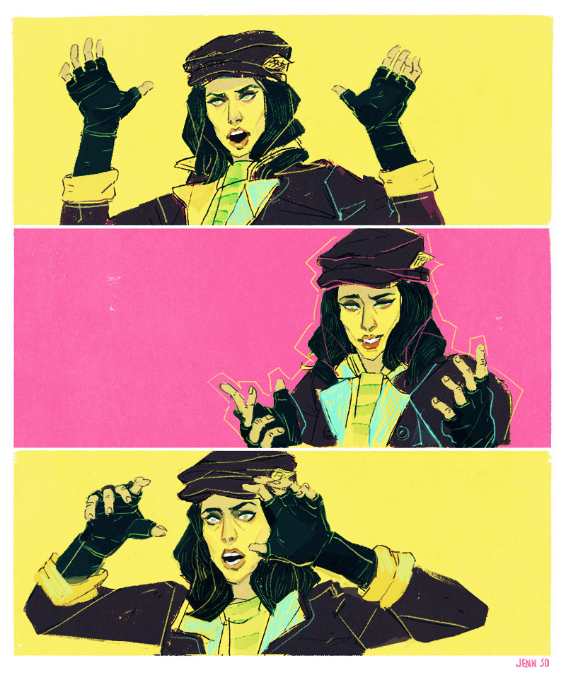 Fanart of Piper Wright from fallout 4, drawn in 3 frames using primarily bright yellow and pink tones. In each she gesticulates wildly with her hands.