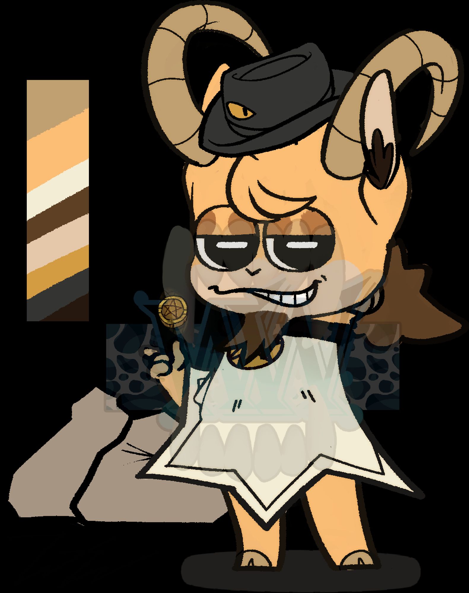 A Ibex Cult of the lamb oc with a white Fleece flipping a coin in his hand and two money bags behind him