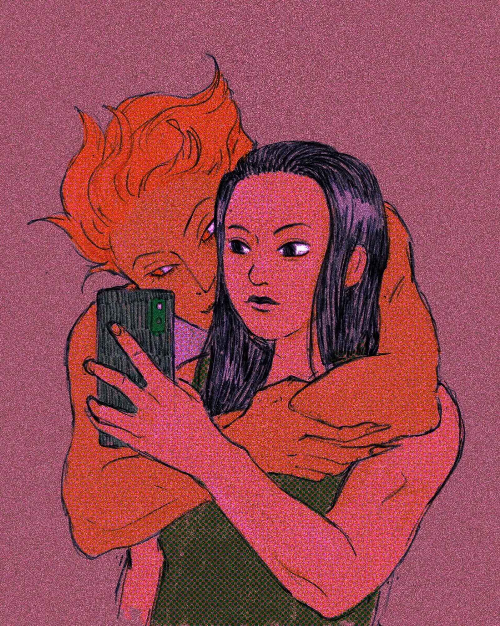 A digital coloured sketch of Hisoka and Illumi from HxH. Illumi is holding a phone and taking a selfie, Hisoka is hugging him from behind, half his face is hidden.