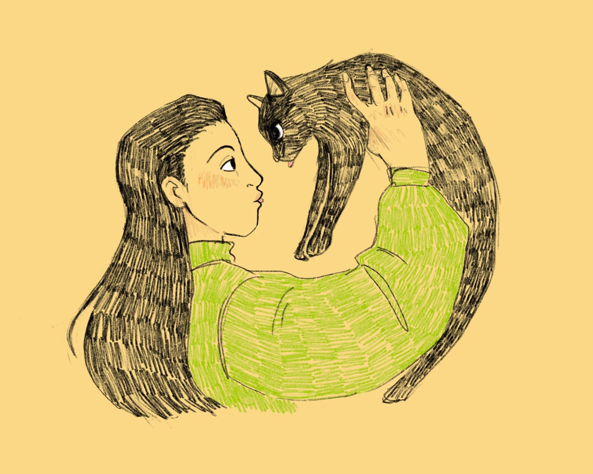 a digital drawing of illumi from hxh. he is wearing a green sweater holding up a black cat and looking at it. the cat looks back at him, both of them have the tip of their tounge sticking out.