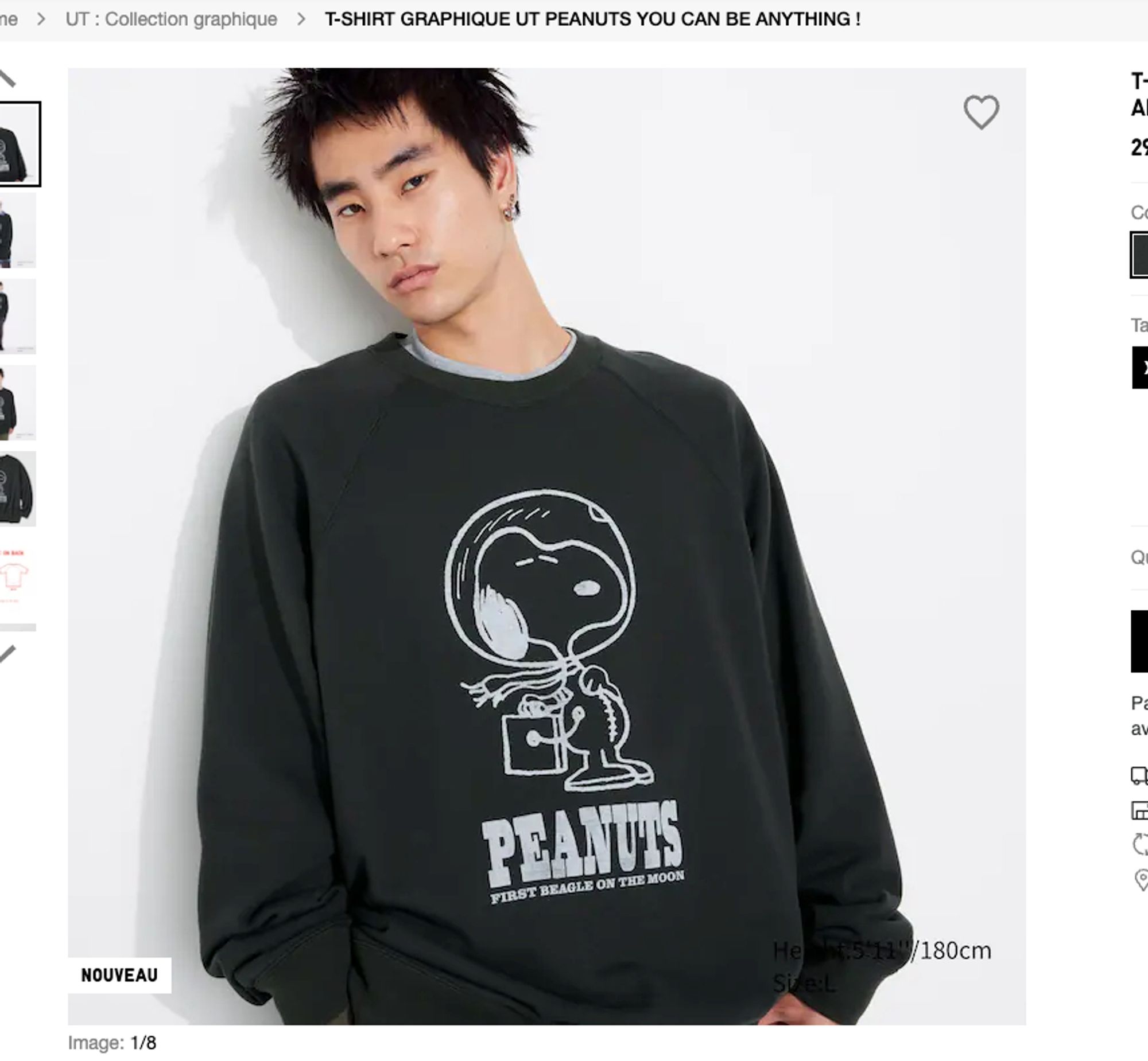 sweat shirt uniqlo avec une illustrtion de snoppy en astronaute.