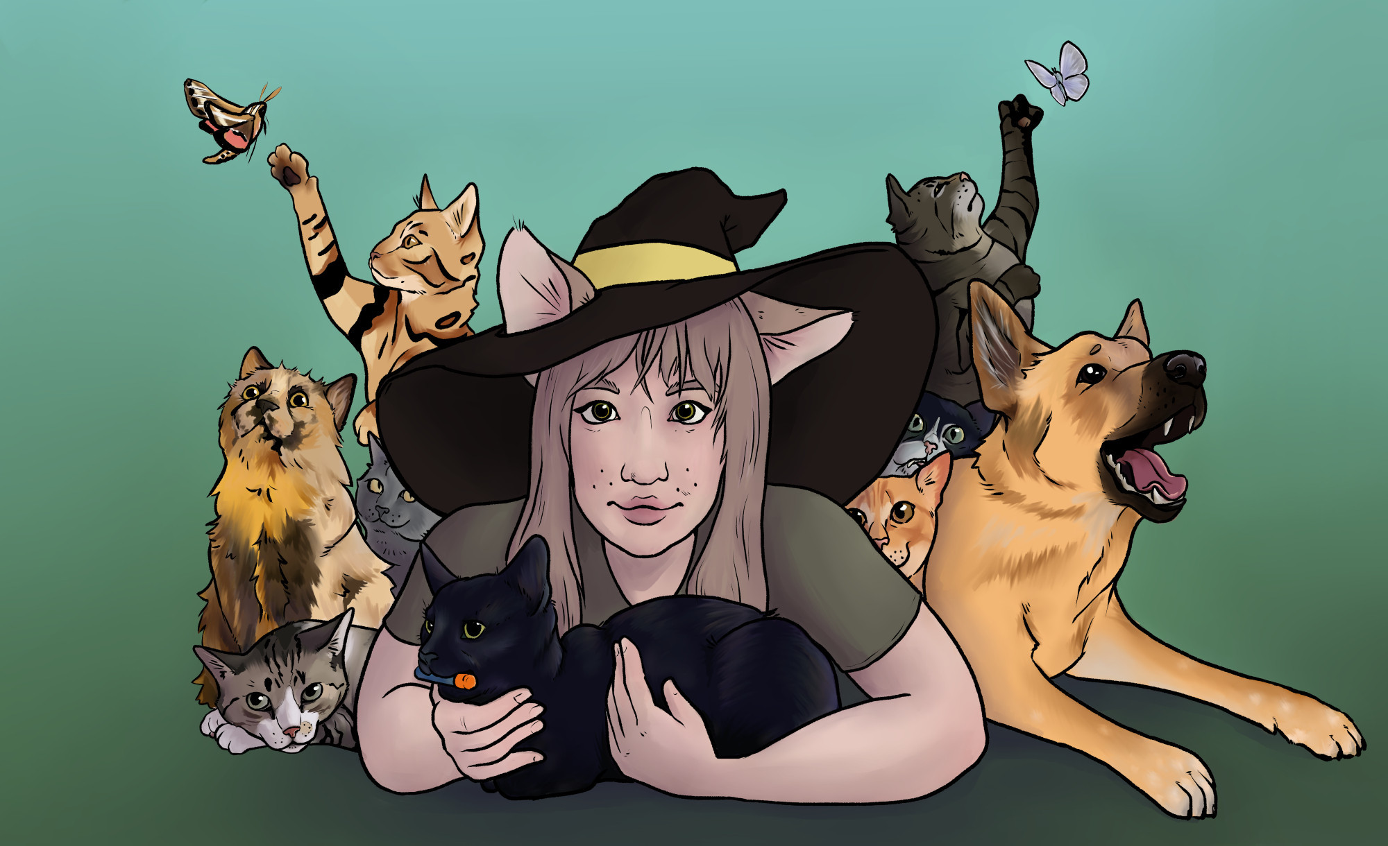 Digital art of a woman surrounded by cats and one dog. The woman has cat ears and a slightly cat-shaped mouth, atop her head is a floppy witch hat. The cat in her arms has a nerf dart in it's mouth. Some cats in the background are leaping into the air, one to bats at a sphynx moth and the other at a butterfly I totally forgot the name of.