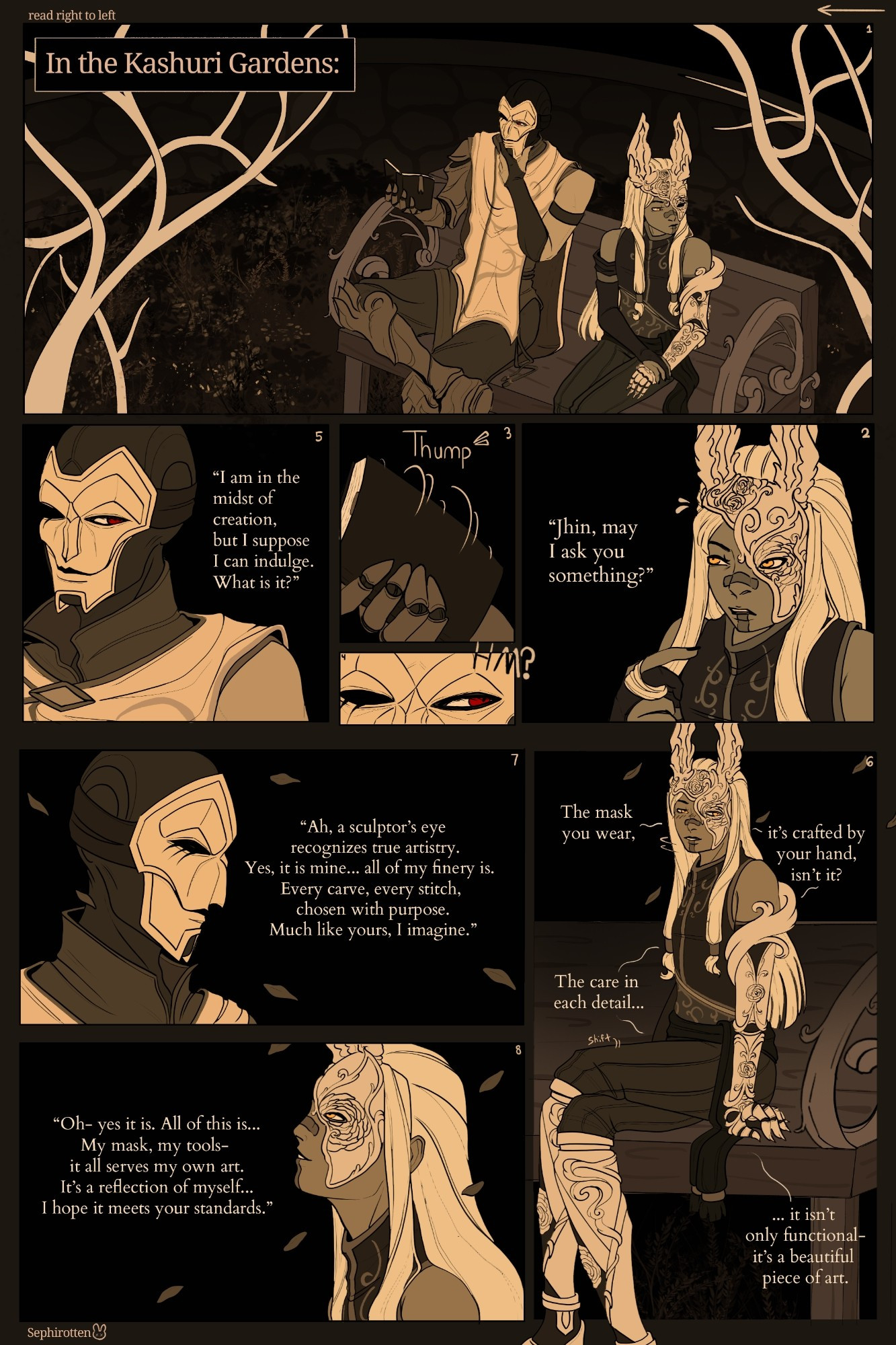 A comic page in a sephia tone of two artists talking about their craft