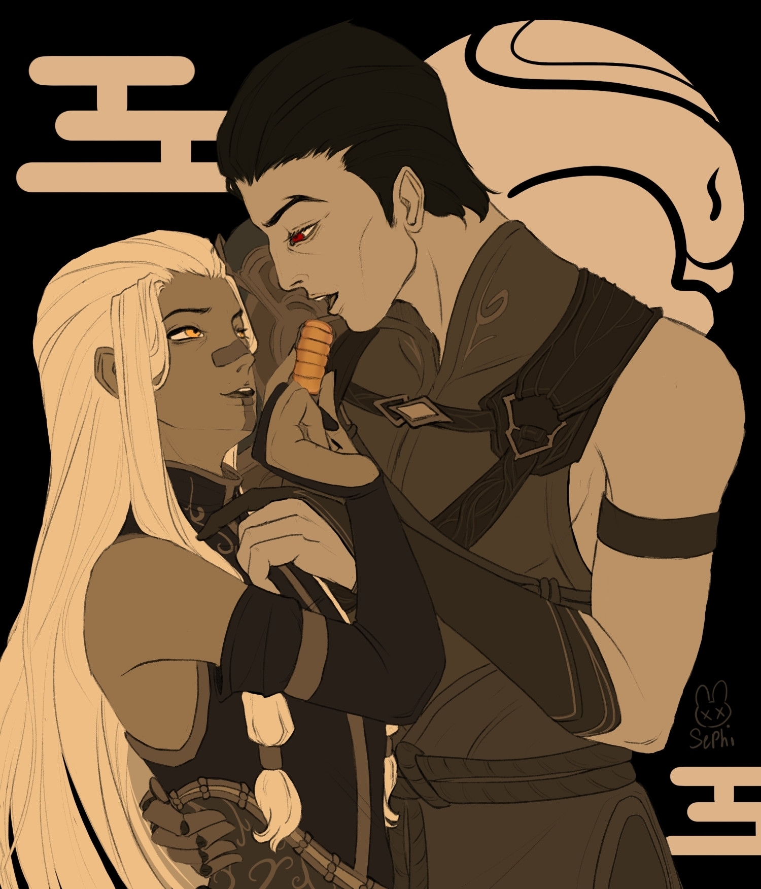 Sepia tone art of Khada Jhin holding Fuyumi Luin close while Luin feeds him a mooncake