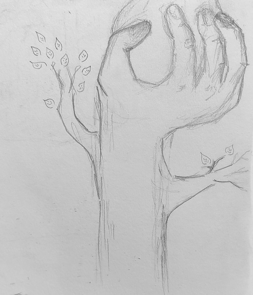 A sketch of a tree that is actually a hand holding something.