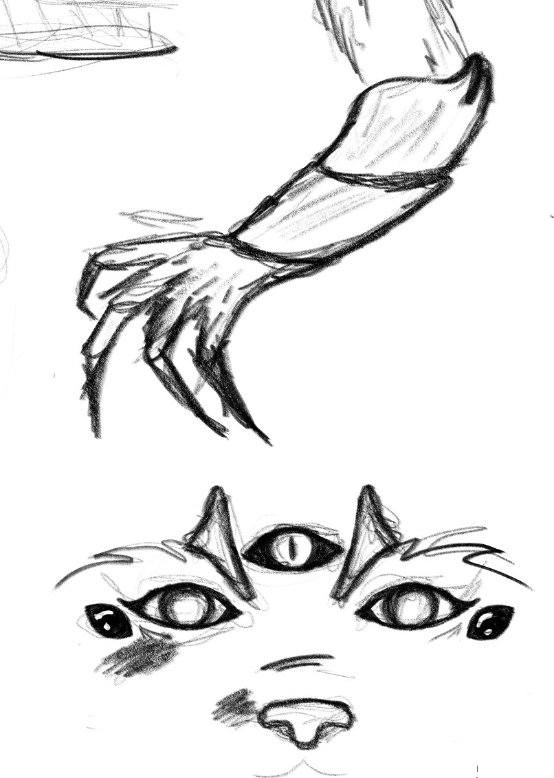 A sketch. Above a monster hand with finger-like claws. Below a face of a canine with several eyes.