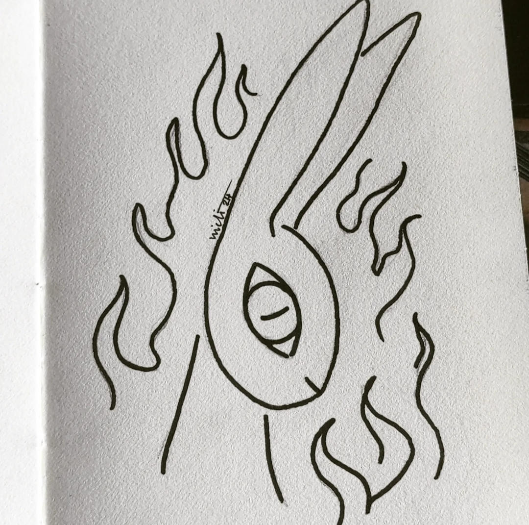 Lineart bunny surrounded with simple lineart flames.