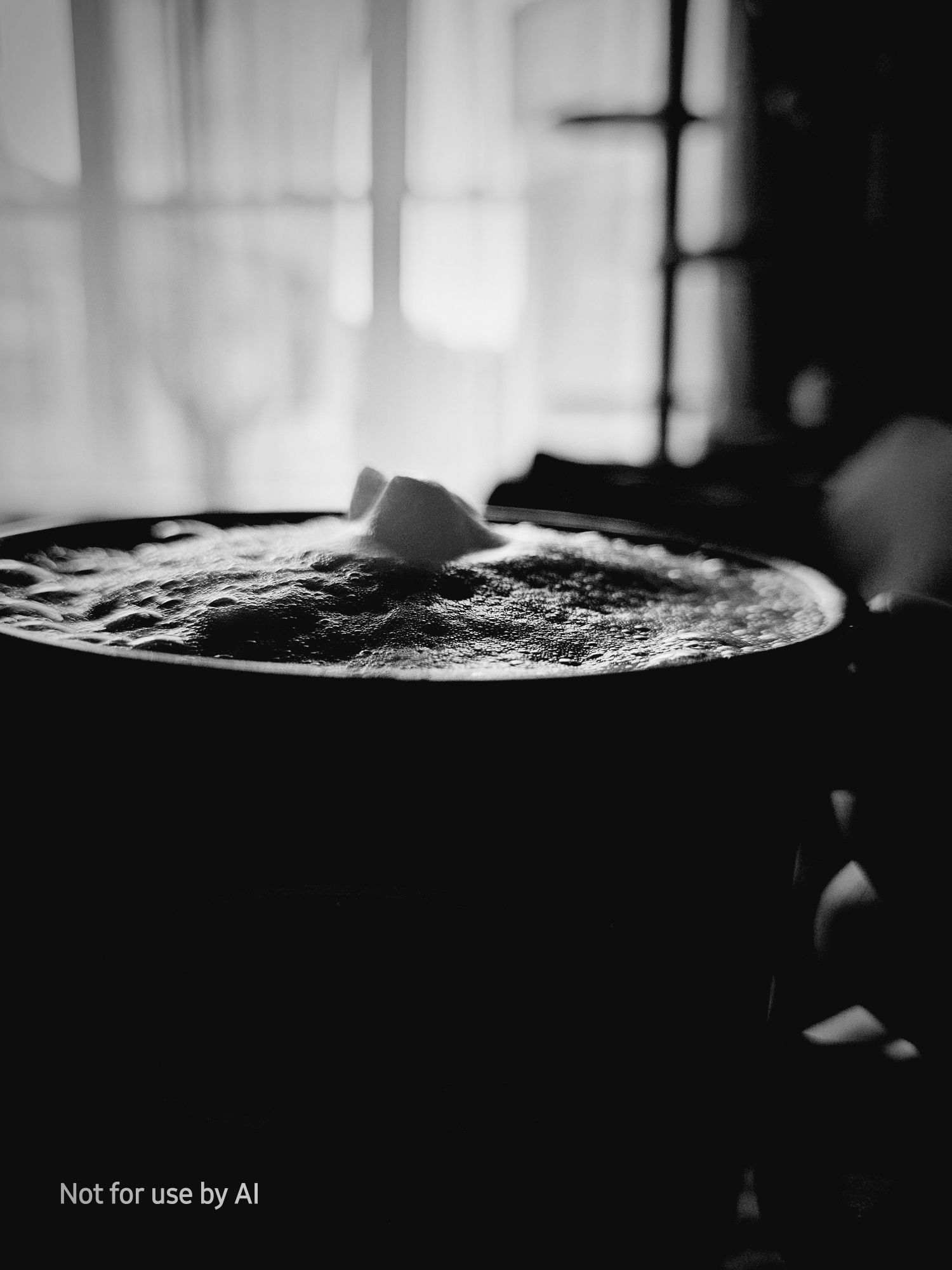 A black-and-white, vignette-shaded picture of the foam atop my Dirty Bun this morning, lit from behind by the morning sun.