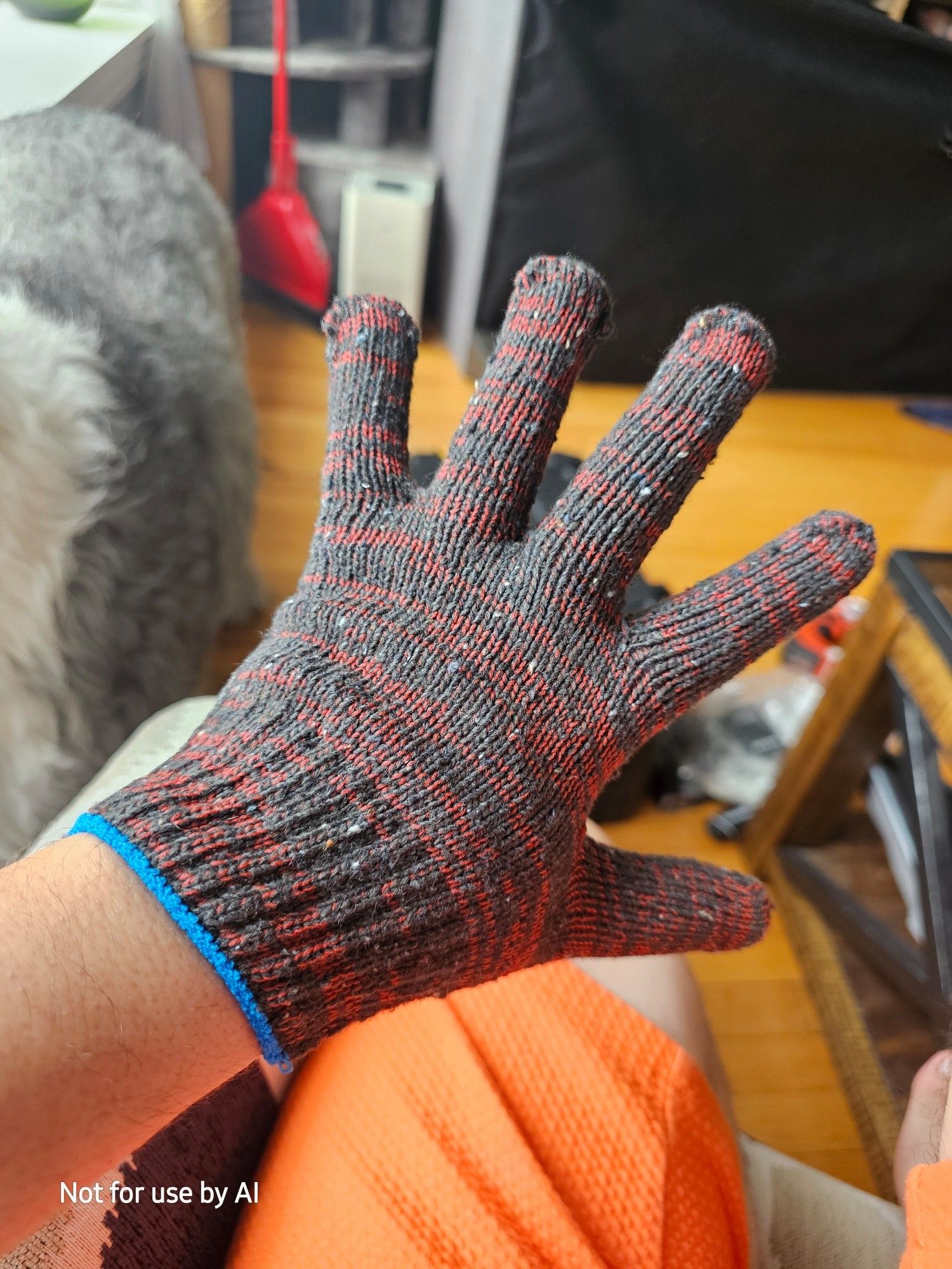 Me wearing a dark gray and dark red | maroon knitted work gloce with a thin blue cuff.